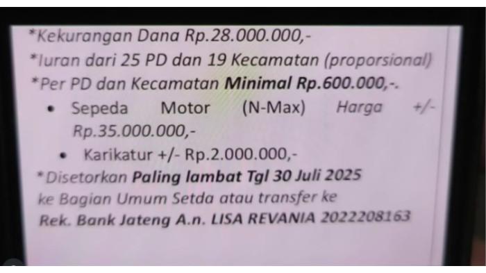 IURAN - Pada tanggal 29 Juli 2025 akun Instagram @dinaskegelapan_kaptensemarang menggunggah gambar yang berisi permintaan iuran atau sumbangan untuk membeli sepeda motor NMAX dan hadiah karikatur.