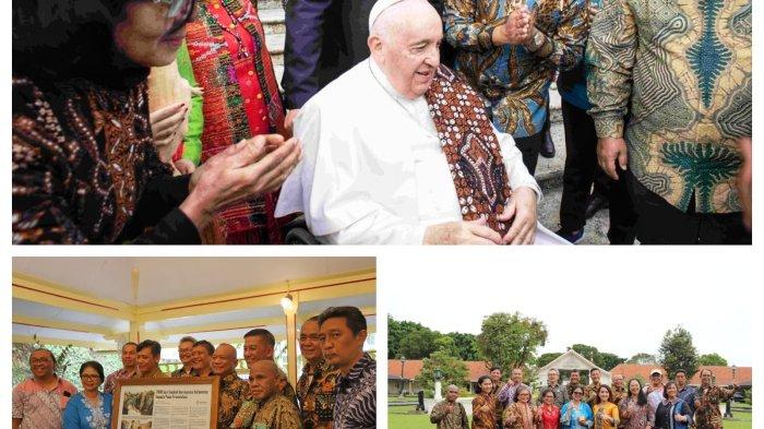 Kolase foto Paus Fransikus menerima batik Ceplok Mangkara Kawung hadiah dari GKBRAy Paku Alam X yang dibawa oleh Paguyuban Wartawan Katolik Indonesia (PWKI) dan Delegasi Paguyuban Wartawan Katolik Indonesia (PWKI) Ke Vatikan berfoto bersama dengan GKBRAy Paku Alam X (kebaya biru) di Puro Pakualam, Yogyakarta, Selasa (31/01/2023)