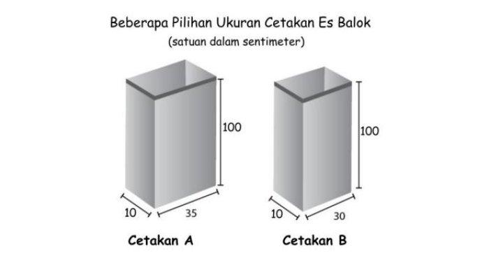 Beberapa ukuran cetakan es balok yang dapat digunakan