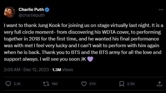 Charlie Puth melalui aplikasi X (sebelumnya Twitter) menuliskan pesan