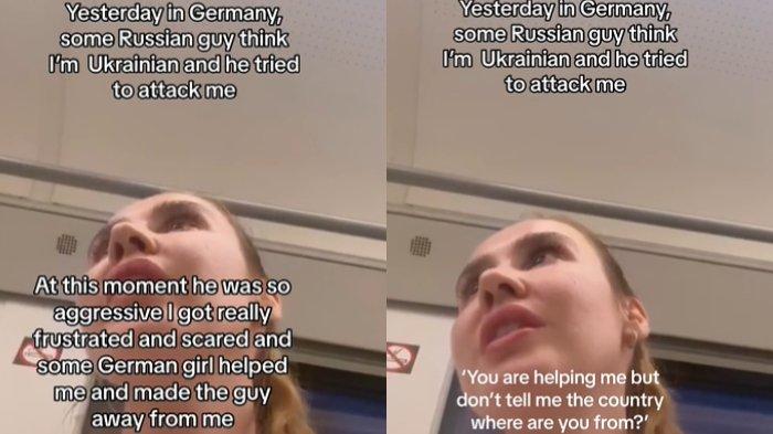 Cuplikan video Kardelen Queck, seorang selebgram wanita di Jerman, yang membagikan momen di TikTok saat ia diancam akan dipukul oleh seorang pria Rusia di Jerman pada 7 Juni 2023.