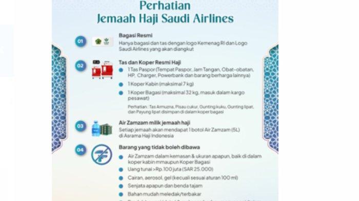 HAJI 2025 - Kementerian Agama (Kemenag) RI mengeluarkan petunjuk mengenai  barang-barang apa saja yang boleh dibawa maupun yang tidak boleh dibawa oleh jemaah haji saat akan kembali ke Tanah Air menggunakan maskapai Saudi Airlines. (Media Center Haji/MCH 2025)