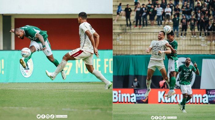 Duel pemain di laga PSS Sleman vs Bali United dalam lanjutan Liga 1 pekan 18 di Stadion Maguwoharjo, Sleman, Jumat (3/11/2023) sore.