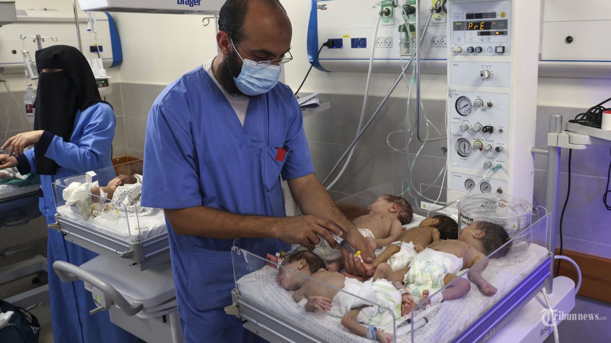 Petugas medis Palestina merawat bayi prematur yang dievakuasi dari rumah sakit Al Shifa ke rumah sakit Emirates di Rafah di Jalur Gaza selatan, pada 19 November 2023, di tengah pertempuran yang sedang berlangsung antara Israel dan kelompok militan Hamas. Seorang pejabat tinggi kesehatan di Jalur Gaza yang dikuasai Hamas mengatakan seluruh 31 bayi prematur di rumah sakit Al-Shifa telah dievakuasi pada 19 November dari fasilitas yang digambarkan WHO sebagai zona kematian. (Photo by MOHAMMED ABED / AFP)
