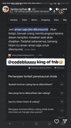 Farida Nurhan tak mempermasalahkan soal kotoran udang yang bisa dimakan, seolah tidak setuju dengan prinsip Codeblu.