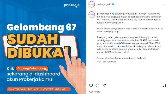 Informasi pembukaan pendaftaran Kartu Prakerja Gelombang 67.