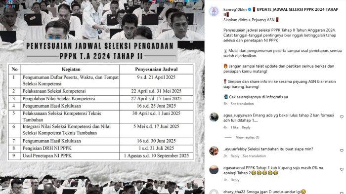 JADWAL PPPK 2024 - Tangkap layar jadwal terbaru pengumuman kelulusan PPPK 2024 tahap 2 yang diunggah akun resmi Kantor Regional X BKN Denpasar, Rabu (21/5/2025).