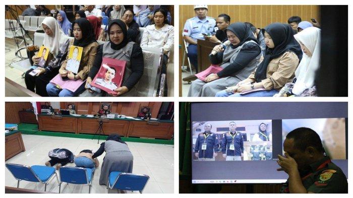 SUJUD KE HAKIM - Sasnia, istri AKP Anumerta Lusiyanto dan istri Petrus Apriyanto, dan Ibu M Ghalib Surya Ganta, hadir sebagai saksi di sidang Kopda Bazarsah di Pengadilan Militer I-04 Palembang, Senin (30/6/2025), siang. Dalam sidang mereka sujud ke hakim minta Terdakwa Kopda Bazarsah dihukum mati. Terdakwa Kopda Bazarsah dihadirkan pada sidang lanjutan kasus penggerebekan lokasi judi sabung ayam Negara Batin, Way Kanan, Lampung di Pengadilan Militer I-04 Palembang, Senin (30/6/2025). Dalam sidang ini, Kopda Bazarsah terlihat menahan tangis menyampaikan permintaan maaf ke keluarga anggota Polsek Negara Batin.