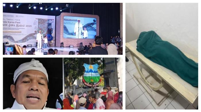 PESTA PERNIKAHAN MAUT - Gubernur Jabar, Dedi Mulyadi bersama anak bungsunya, Hyang Sukma Ayu saat tampil di atas catwalk, dalam acara Sunda Karsa Fest Karya Kerajinan Jawa Barat (KKJB) 2025 di Trans Luxury Hotel, Bandung, Jumat (18/7/2025). Dedi Mulyadi yang mengaku siap tanggung jawab atas tragedi pesta pernikahan maut di Garut, Jumat (18/7/2025) dan (Kanan) Kondisi lokasi kejadian. Warga mengantri di gerbang pendopo Garut menunggu gelaran makan gratis yang merupakan rangkaian kegiatan pernikahan Wakil Bupati Garut Putri Karlina dan Maula Akbar putra dari Gubernur Jawa Barat Dedi Mulyadi, Jumat (18/7/2025) siang, hingga tiga orang meninggal dunia