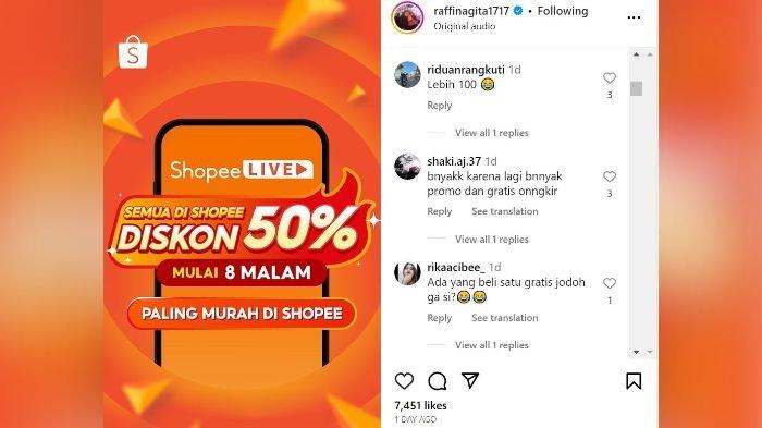 Selebriti terkenal Raffi Ahmad dan Nagita Slavina yang unggahan di sosmednya dibanjiri komentar positif dari para followers-nya yang tertarik untuk ikut belanja di Shopee Live