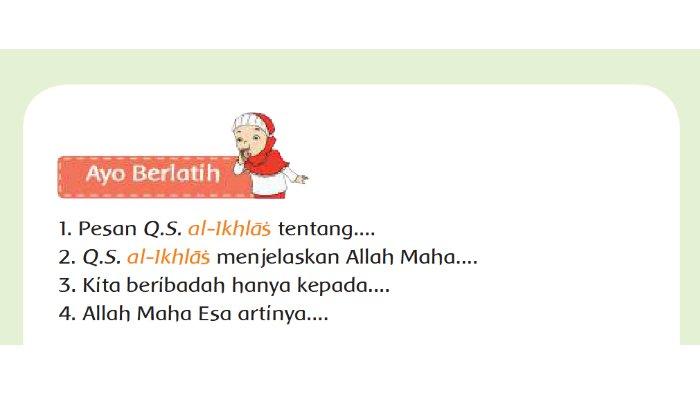 KUNCI JAWABAN SD - Gambar soal untuk kunci Jawaban PAI Kelas 1 SD Kurikulum 2013 (K-13) yang diambil pada Minggu (9/3/2025) di bagian Ayo Berlatih halaman 52 BAB 7 Ayo Belajar Alquran buku Pendidikan Agama Islam dan Budi Pekerti edisi revisi.