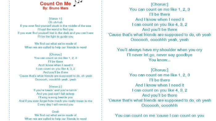 KUNCI JAWABAN SMP - Lirik lagu Bruno Mars 'Count On Me' halaman 179-180 dalam kunci Jawaban Bahasa Inggris Kelas 7 SMP Kurikulum 2013 (K-13) yang diambil pada hari Rabu (29/1/2025) untuk bagian Collecting information halaman 182 Chapter 8 That’s What Friends Are Supposed To Do buku Bahasa Inggris When English Rings a Bell.