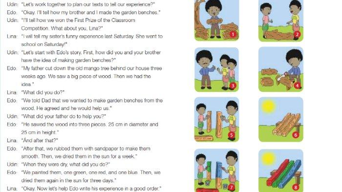 KUNCI JAWABAN SMP - (Kiri) Ilustrasi percakapan siswa halaman 169 dan (kanan) gambar ilustrasi halaman 171 dalam kunci Jawaban Bahasa Inggris Kelas 8 SMP Kurikulum 2013 (K-13) yang diambil pada Jumat (7/2/2025) untuk bagian Collecting information halaman 172 Chapter 11 Yes, We Made It! buku Bahasa Inggris When English Rings a Bell.