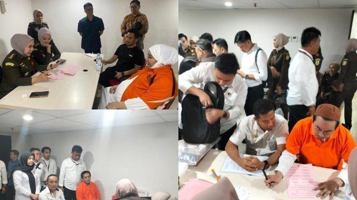 SKINCARE BERBAHAYA -  Kolase foto suasana penyerahan tersangka dan barang bukti skincare berbahaya Makassar oleh personel Polda Sulsel,  Senin (3/2/2025). Salah satu tersangka, Agus Salim, dikawal petugas kejaksaan usai berada dalam ruang konsultasi di Kejari Makassar, Jalan Amanagappa, Kecamatan Ujung Pandang, Makassar. Proses penyerahan ini dijaga ketat oleh puluhan polisi.