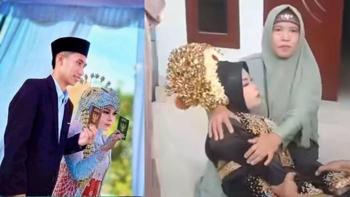 PENGANTIN PINGSAN - Kolase foto pernikahan Nurdiana dan Rodi Handika Dusun Sangkor, Desa Bakan, Kecamatan Janapria, Lombok Tengah (kiri) dan pengantin Nurdiana pingsan usai Nyongkolan yang berlangsung ricuh, Selasa (24/6/2025). Nurdiana pingsan setelah statusnya yang menjanda tiga kali terbongkar, awalnya mengaku masih gadis.