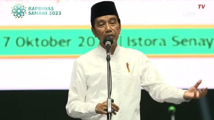 Presiden Joko Widodo menghadiri acara Rapimnas Solidaritas Ulama Muda Jokowi (Samawi) yang digelar di Istora Senayan, Jakarta, Sabtu (7/10/2023), sampaikan pesan soal Pemilu 2024.