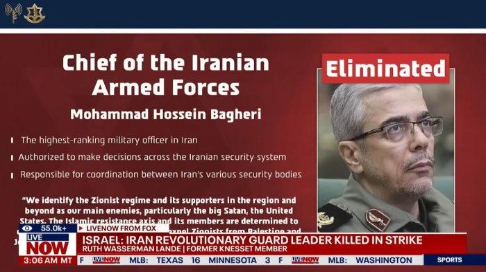 KONFLIK ISRAEL-IRAN - Tangkap layar YouTube LiveNOW from FOX pada 13 Juni 2025, memperlihatkan profil Mayor Jenderal Mohammad Bagheri yang tewas dalam serangan Israel.