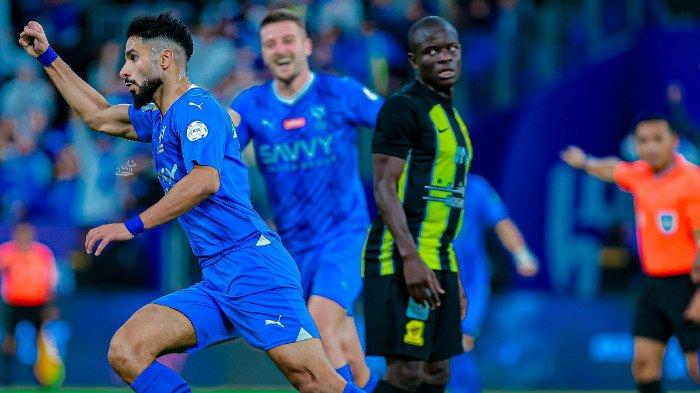 Selebrasi penyerang Al Hilal, Saleh Al-Shehri setelah berhasil mencetak gol ke gawang Al Ittihad pada pekan 22 Liga Arab Saudi, Sabtu (2/3/2024) dini hari WIB.