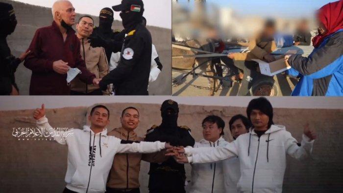 SANDERA ISRAEL-THAILAND - Tangkapan layar ini diambil pada Kamis (13/2/2025) dari video publikasi resmi Telegram Brigade Al-Quds (sayap militer Jihad Islam) pada Rabu (12/2/2025), memperlihatkan (atas kiri) sandera Israel, Gadi Moses berbicara dengan anggota Brigade Al-Quds, (atas kanan) sandera Israel, Arbel Yehud berkerudung merah membagikan permen kepada anak-anak Palestina, dan (bawah) lima warga Thailand sebelum dibebaskan dalam pertukaran tahanan gelombang ke-3 Kamis (30/1/2025).