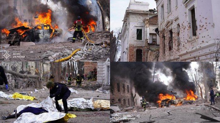 SETELAH SERANGAN RUSIA - Foto ini diambil dari Layanan Darurat Negara Ukraina (DSNS) pada Selasa (15/4/2025), memperlihatkan petugas layanan darurat sedang memadamkan api di sejumlah kendaraan serta mengevakuasi korban terluka dan korban jiwa setelah dihantam serangan rudal Rusia di Sumy pada Minggu (13/4/2025).