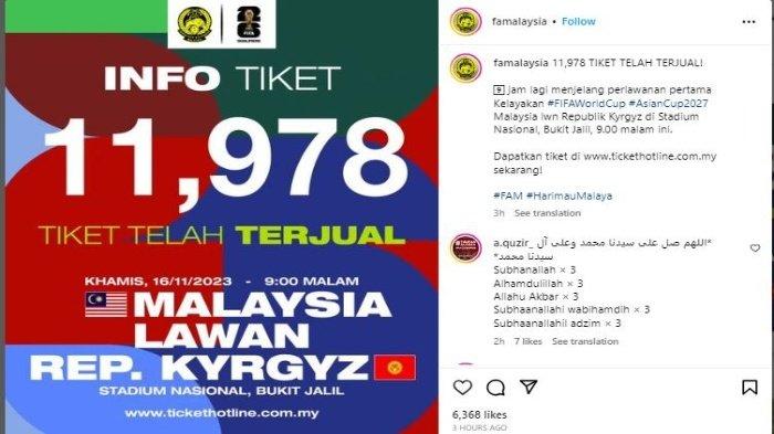 Tiket Malaysia vs Kirgiztan baru terjual 11,978 lembar.