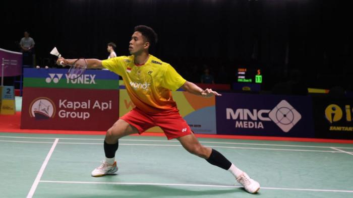 YOHANES SAUT MARCELLYNO - Pebulutangkis tunggal putra, Yohanes Saut Marcellyno, saat diturunkan di laga fase Grup B Badminton Asia Mixed Team Championships 2025 melawan Malaysia di Qingdao, 13 Februari 2025.