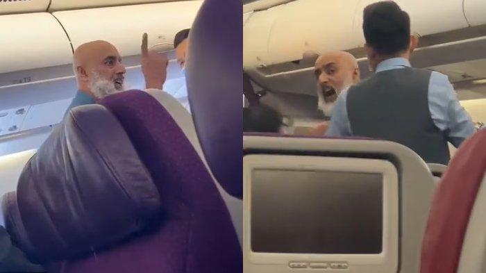 Cuplikan video seorang pria yang mengganggu penumpang lain dan kru pesawat Malaysia Airlines MH122 pada Senin (14/8/2023). Ia mengancam membawa 