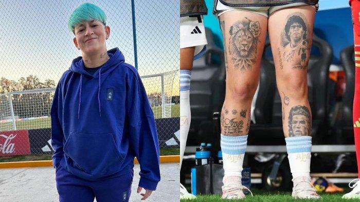 Penggawa Timnas Putri Argentina, Yamila rodriguez yang mentato wajah Ronaldo dan Maradona di kaki kirinya.