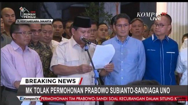 Pernyataan Prabowo: Hormati Putusan MK, Kecewa, Cari Langkah Hukum Lain dan Pesan ke Pendukungnya