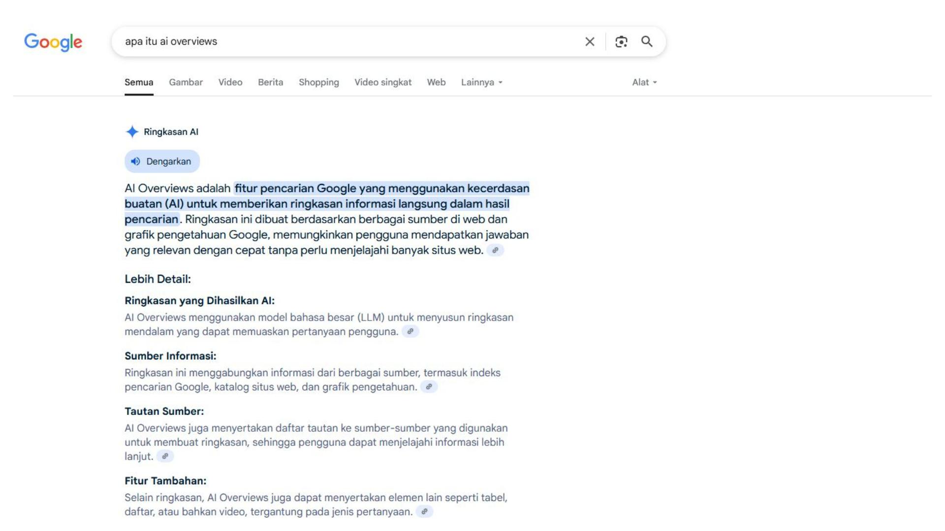 AI OVERVIEWS - Tangkap layar AI Overviews dari Google, diambil oleh Tribunnews pada 8 Juni 2025.