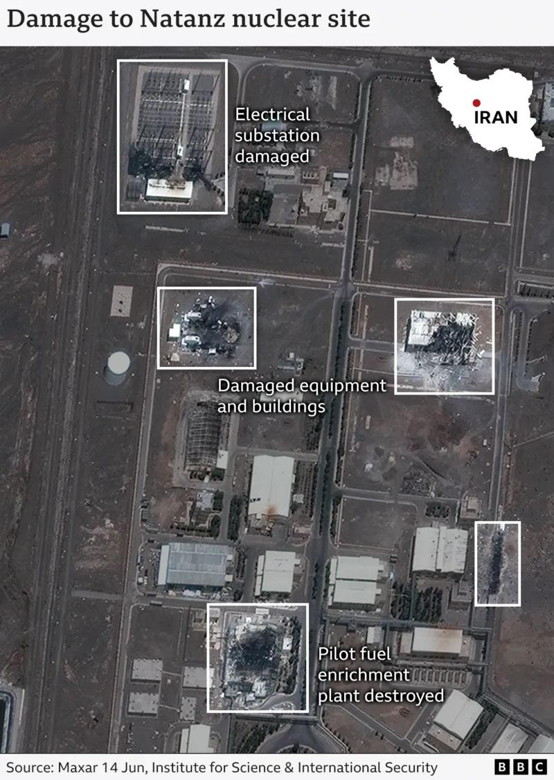 NATANZ LULUH – Citra satelit dari Maxar dan Institute for Science and International Security, diambil pada 14 Juni 2025. Fasilitas pengayaan bahan bakar percontohan Iran di Natanz hancur lebur, dengan bangunan utama dan gardu listrik rusak total.