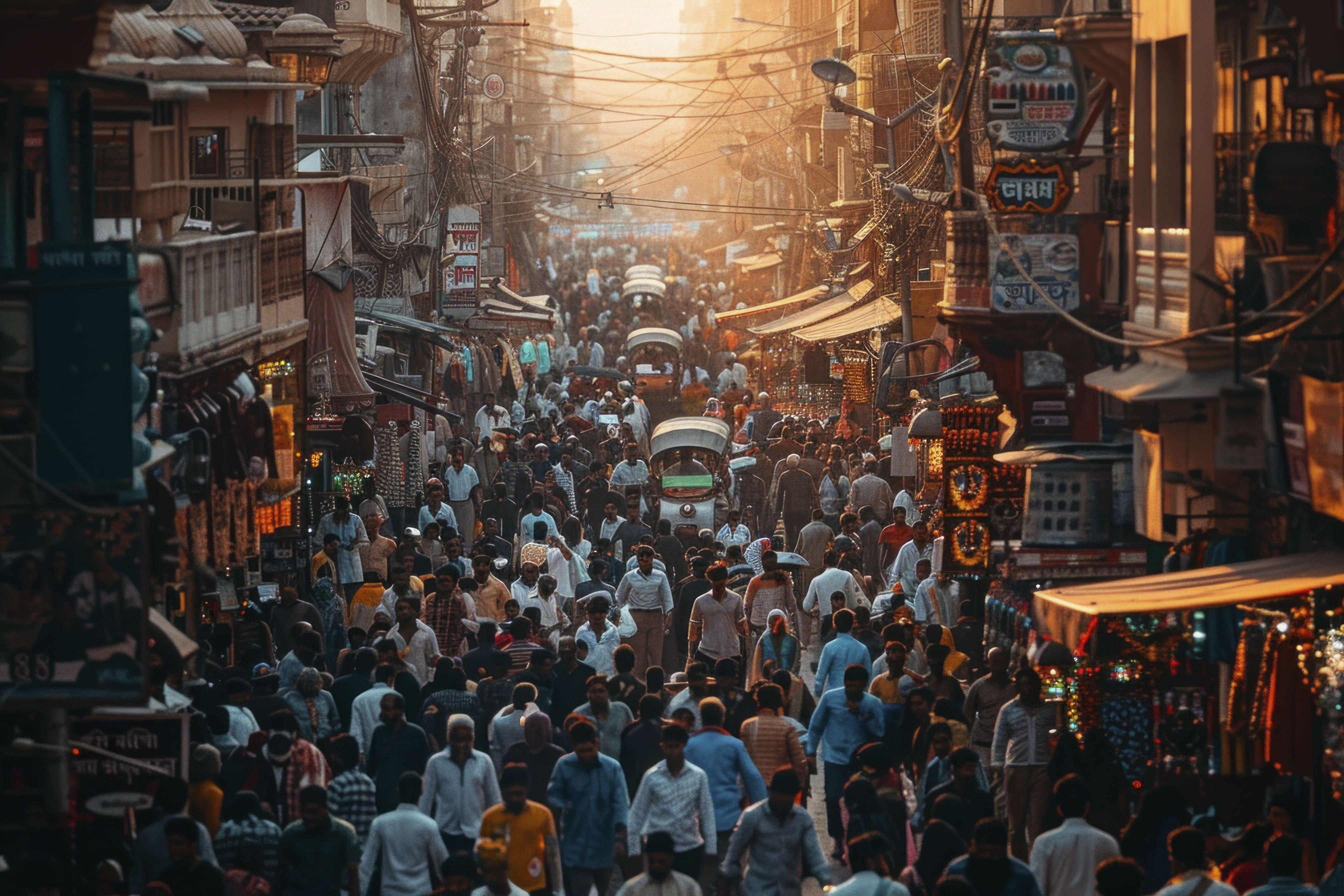 ILUSTRASI NEGARA INDIA - Aktivitas padat di jalan komersial India, diunduh dari Freepik pada Selasa (8/7/2025),  interaksi pedagang, pembeli, dan kendaraan mencerminkan denyut kehidupan perkotaan.