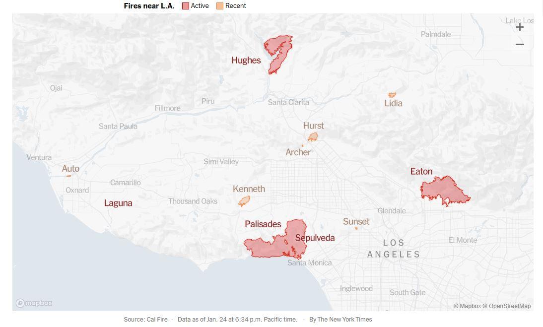 Kebakaran Aktif di California per 24 Januari 2025 6:34 p.m. Pacific time.