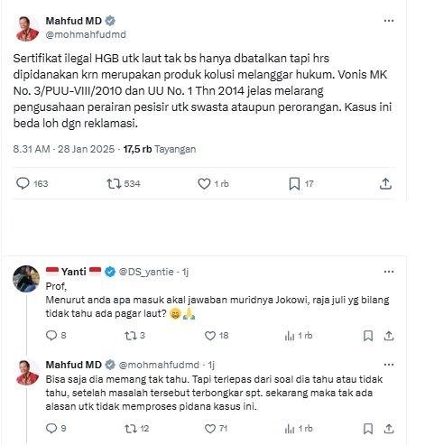 Mahfud MD sebut sertifikat ilegal pagar laut bisa dipidanakan, singgung sikap Raja Juli