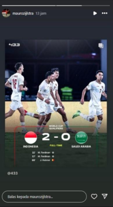 Calon pemain Timnas Indonesia Mauro Zijlstra memberikan reaksi kemenangan di ronde 3 Kualifikasi Piala Dunia 2026.