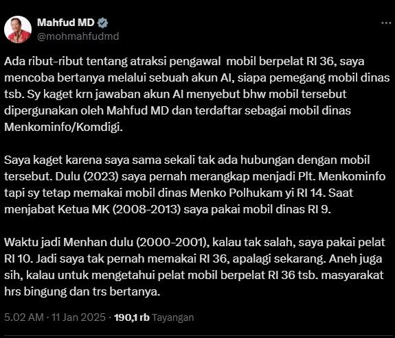 Postingan Mahfud MD soal Mobil RI 36.