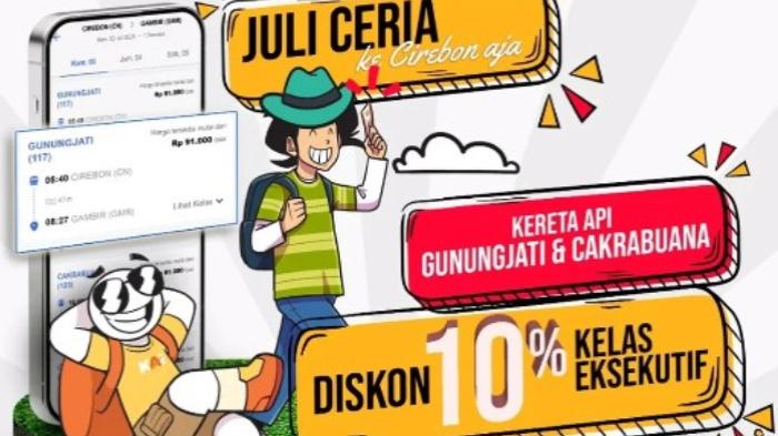 DISKON TIKET KERETA - PT Kereta Api Indonesia (Persero) menawarkan diskon tiket sebesar 10 persen untuk pengguna KA Cakrabuana dan Gunungjati untuk keberangkatan dan atau tujuan Stasiun Cirebon. Promo diskon tiket ini berlaku setiap hari Senin s/d Kamis selama bulan Juli 2025. Berikut syarat dan cara reservasi tiketnya.