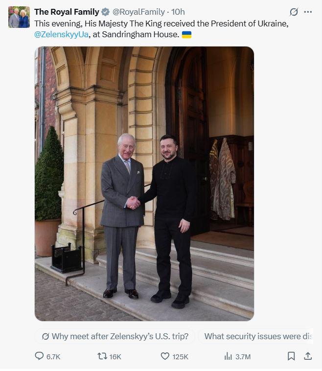 UKRAINA MENCARI DUKUNGAN - Postingan akun keluarga kerajaan Inggris pada 3 Maret 2025, memperlihatkan pertemuan antara Raja Charles dengan Presiden Ukraina Volodymyr Zelensky. Zelensky tampak tersenyum sambil menjabat tangan sang raja.