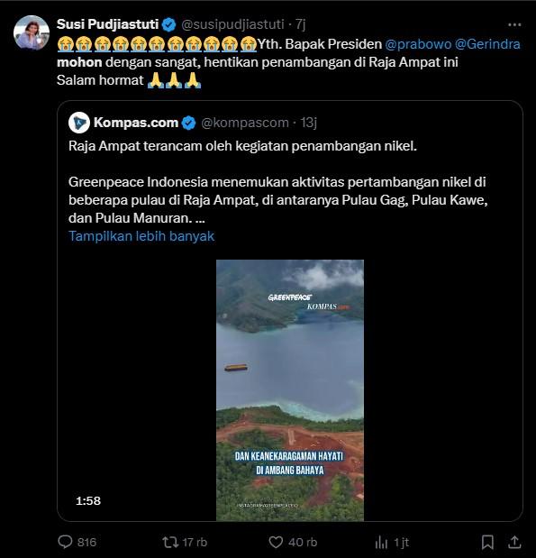 Susi Pudjiastuti minta ke Prabowo agar penambangan nikel Raja Ampat dihentikan