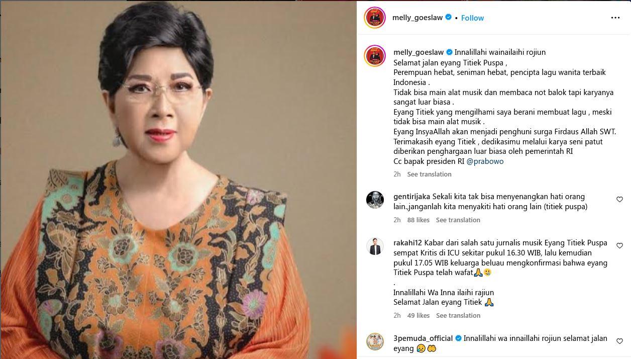 KENANG TITIEK PUSPA - Musisi sekaligus anggota DPR RI Komisi X, Melly Goeslaw mengenang sosok artis legendaris Titiek Puspa yang meninggal dunia pada Kamis (10/4/2025). Melalui unggahan Instagram miliknya, Melly Goeslaw mengunggah foto Titiek Puspa dan mengenangnya sebagai perempuan dan seniman hebat.
