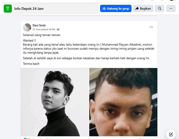 RAYYAN TERJERAT PEMERASAN - Tampang artis sinetron Muhammad Rayyan Alkadrie (MR)sempat mejeng di grup Facebook sebelum dirinya ditangkap polisi, dibagikan di grup Info Depok 24 Jam, Rayyan diduga lakukan penipuan sejumlah uang pada 21 Juni 2025