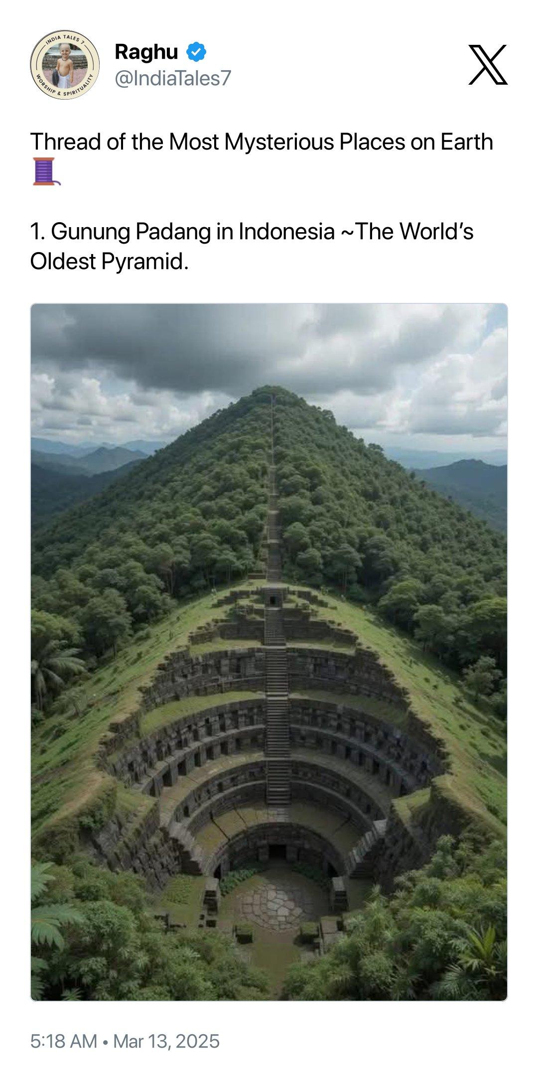 GUNUNG PADANG AI - Gambar tangkap layar akun @IndiaTales7 mengunggah potret Gunung Padang versi AI masuk dalam tempat paling misterius di dunia. Postingan tersebut membuat Gunung Padang trending di X pada Jumat (14/3/2025)