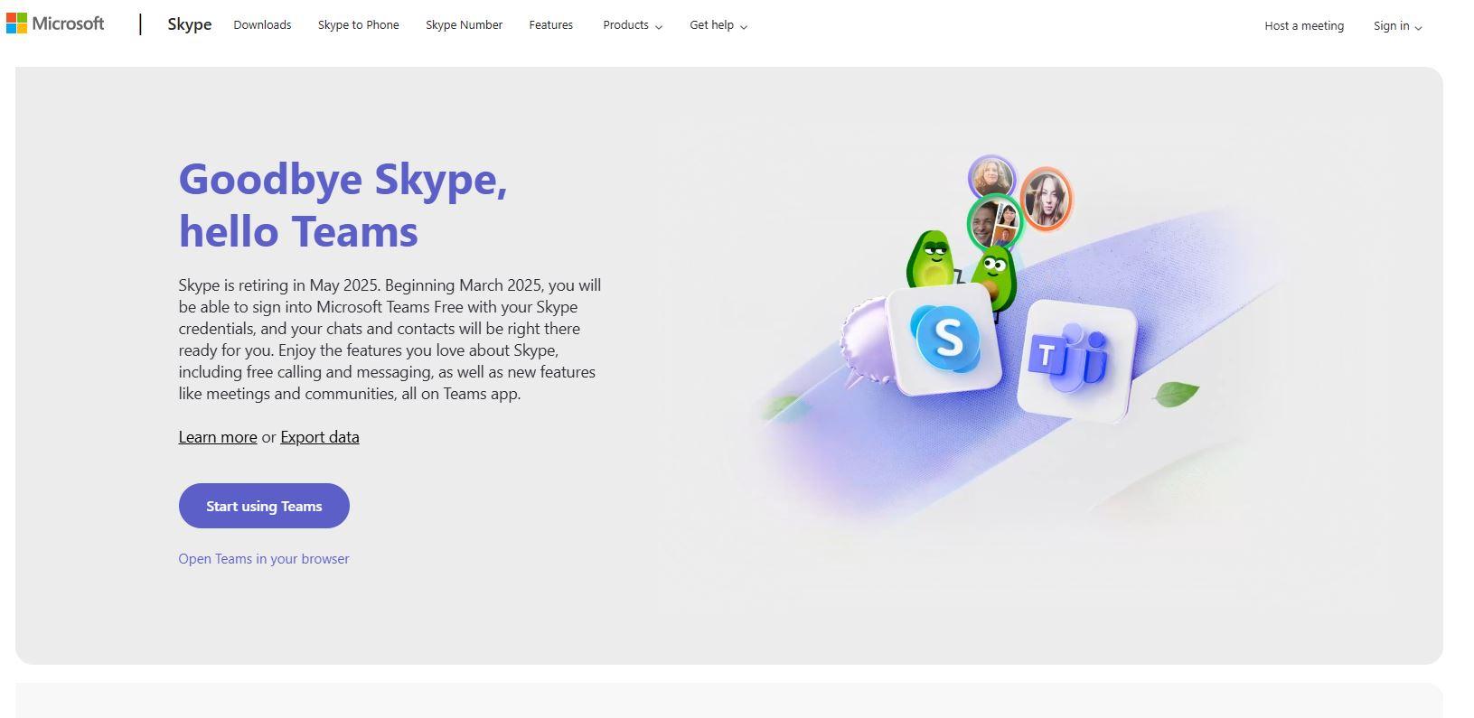 SKYPE RESMI TUTUP - Tangkap layar halaman depan skype.com pada 5 Mei 2025. Skype Tutup Layanan Setelah Dua Dekade, Akhir dari Era Komunikasi Lama