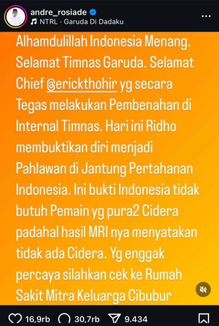 SINDIRAN ANDRE ROSIADE - Tangkap layar komentar Andre Rosiade tentang kemenangan Timnas Indonesia atas Bahrain, sindir pemain yang pura-pura cedera pada Selasa (25/3/2025). Pihak Rumah Sakit Mitra Keluarga Cibubur kemudian memberikan klarifikasi buntut sindiran mertua Pratama Arhan soal sosok pemain Timnas Indonesia yang pura-pura cedera.
