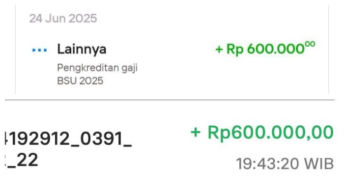 BSU 2025 CAIR - Tangkap layar notifikasi pencairan BSU Rp 600 ribu kepada pekerja saat dicek di aplikasi Livin' by Mandiri dan BRImo, Selasa (24/6/2025).