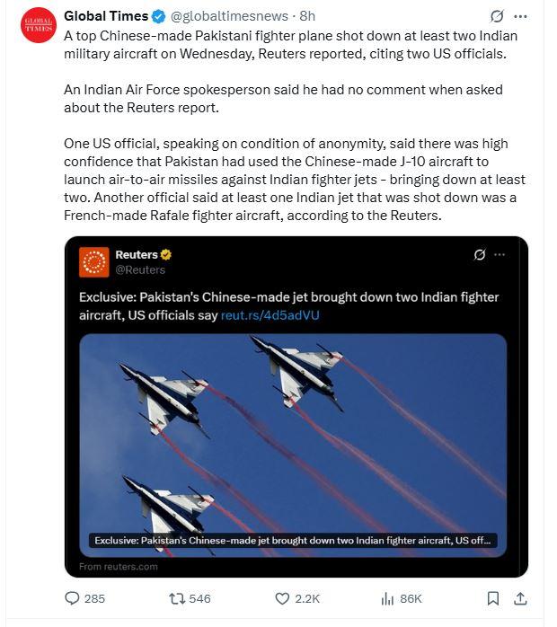 KONFLIK INDIA PAKISTAN - Tangkap layar postingan X Global Times pada 9 Mei 2025. GT Menyoroti keberhasilan jet tempur buatan China yang digunakan Pakistan untuk menyerang India.