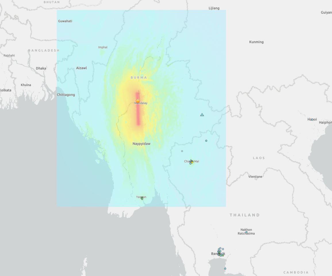 GEMPA DI MYANMAR - Tangkap layar situs USGS pada 28 Maret 2025, memperlihatkan pusat gempa Myanmar dan jaraknya dengan Bangkok, Thailand. Gempa M 7,7 yang mengguncang Myanmar, terasa hingga Thailand.
