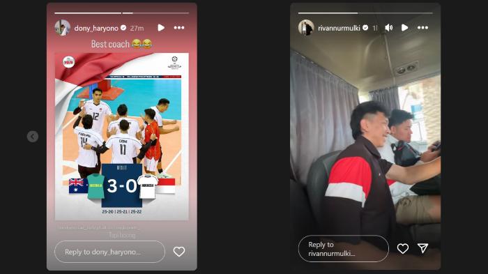 UNGGAHAN DONI DAN RIVAN - Tangkapan layar Instagram story Doni dan Rivan yang berisikan sindiran kepada pelatih Timnas voli putra Indonesia, Jeff Jiang Jie, buntut kekalahan skuad Merah Putih di AVC Nations Cup 2025.