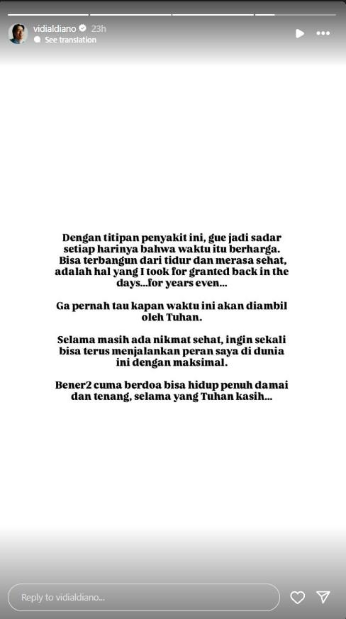 Ungkapan hati Vidi Aldiano yang diunggah pada Rabu (19/3/2025).