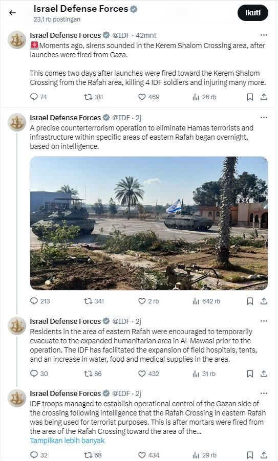 Akun Twitter IDF mengupdate operasi Rafah